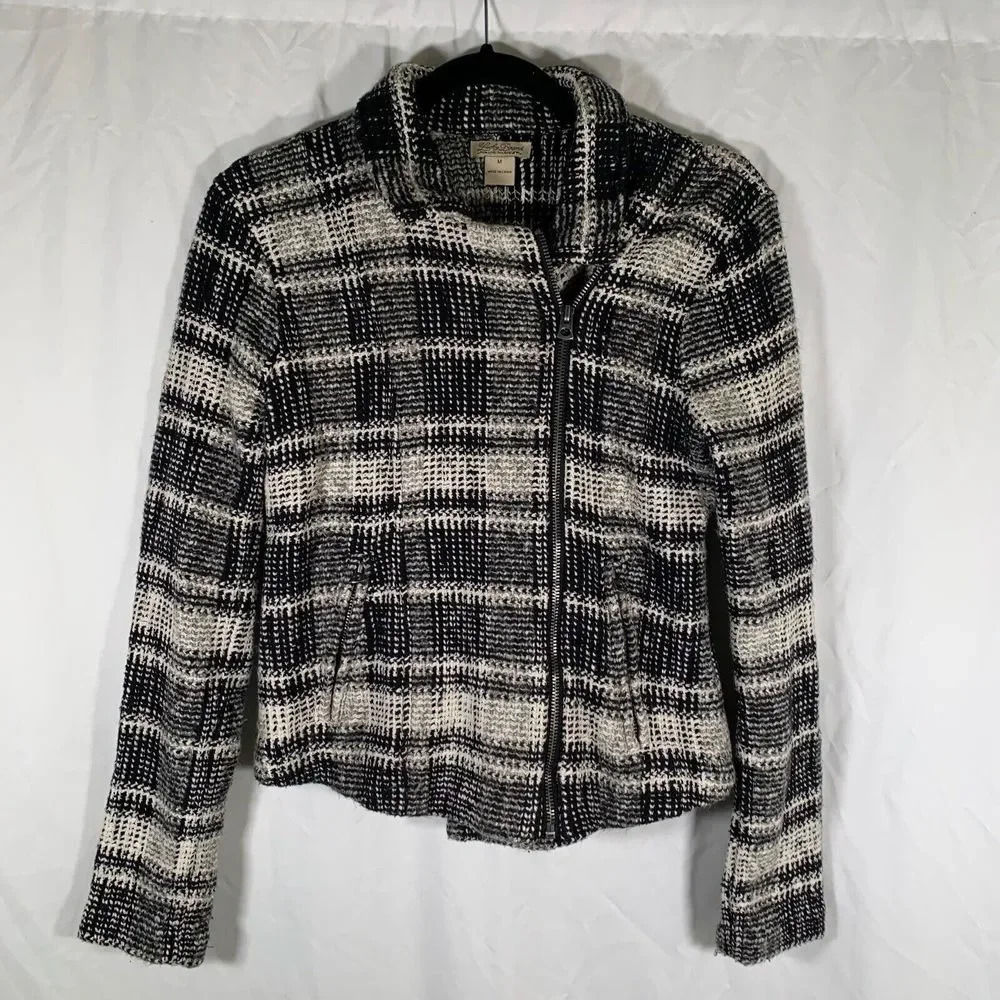 Lucky Brand Jacket Women’s Medium Black White Plaid Knit Full Zip